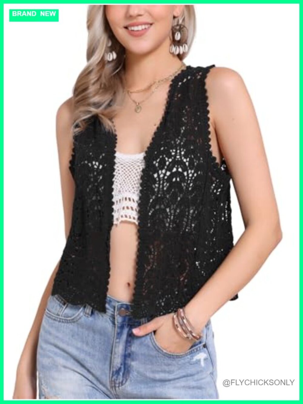 Women's Floral Crochet Hollow Out Sleeveless Open Front Boho Vest Cardigan